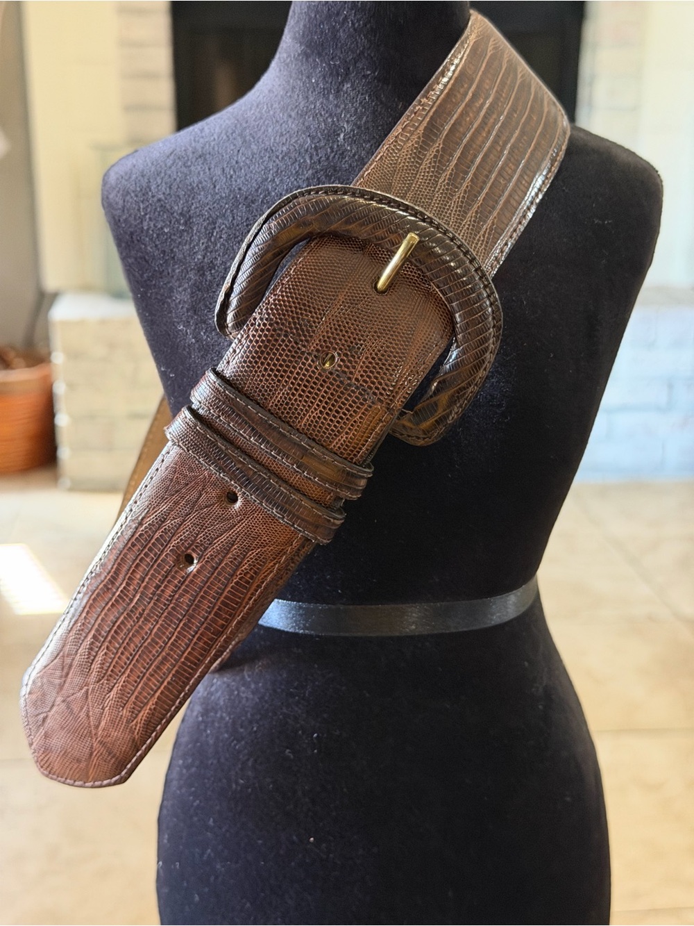 Vtg Cipriani Dark Brown Lizard Grain Leather Belt Wrapped Buckle Size M 2” Wide